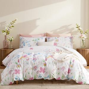Nayoroom Floral Duvet Cover Set Queen Size Purple Pink Watercolor Flowers Green Plant Leaves Printed on White Comforter Cover 3Pcs Soft Microfiber Garden Style Bedding Set with Zipper Closure