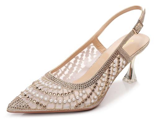 VenusCelia Women's Charming Lady Slingback Pump Shoe (42 Size, Gold Studded)