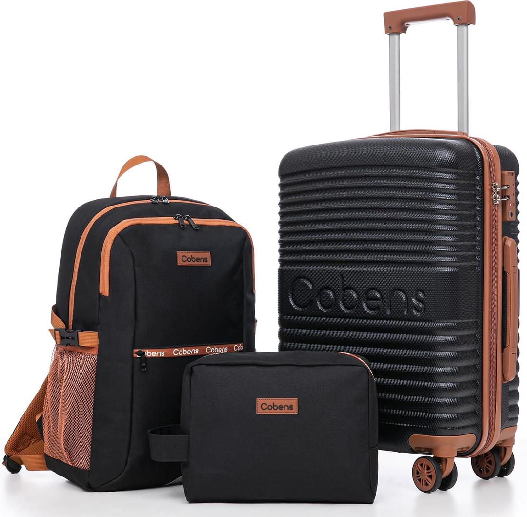 Carry on Luggage 22x14x9 Airline Approved, Suitcases with Wheels Hardshell, Lightweight Hardside Luggage Set with TSA Lock, 20Inch Black Carry on Suitcase (3 Piece Sets (20/BP/TB))