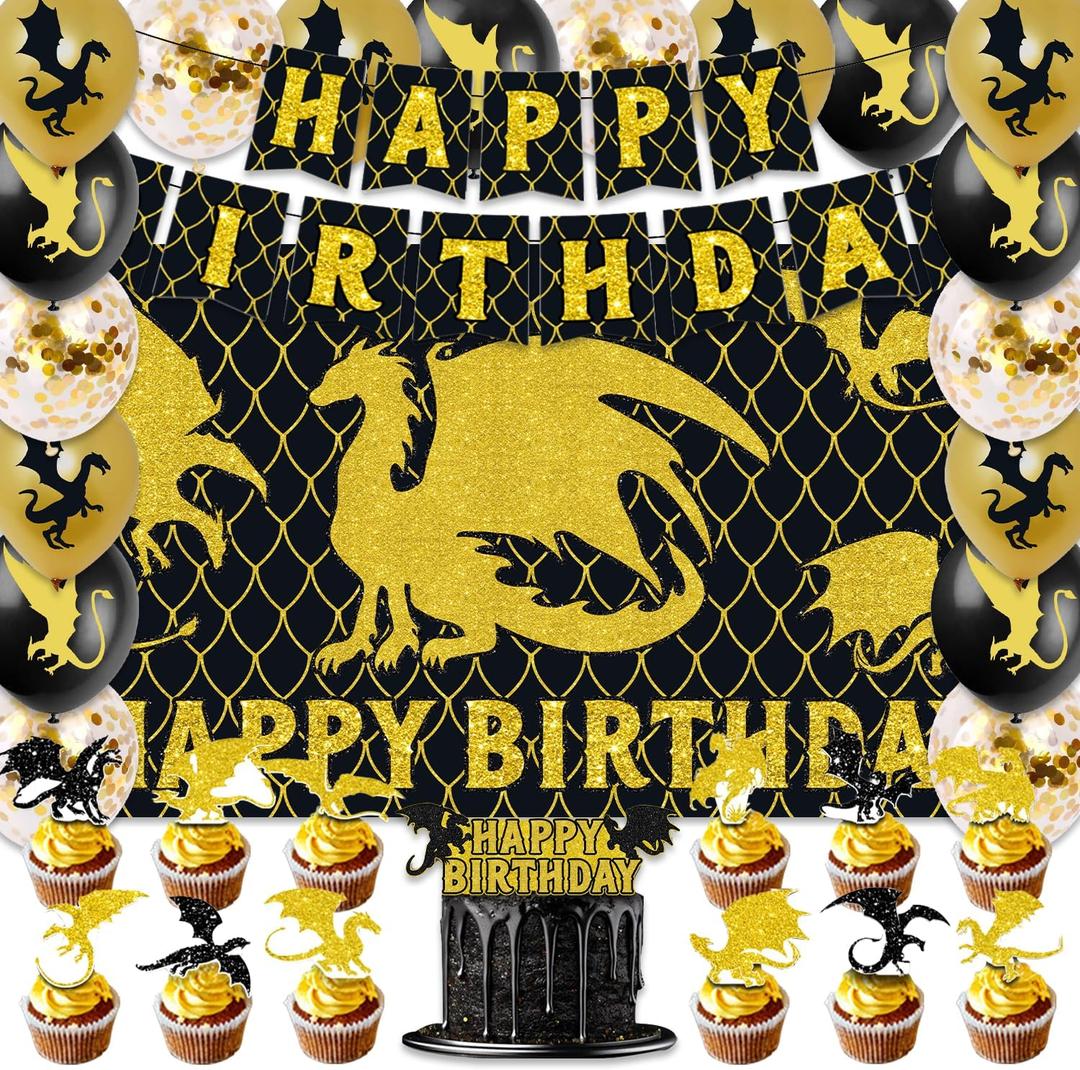 42pcs Dragon Birthday Party Decorations Includes Cake Toppers,Cupcake Toppers, Banner, Backdrop, Balloons - Black Gold Dragon Theme Party Supplies Set for Baby Shower