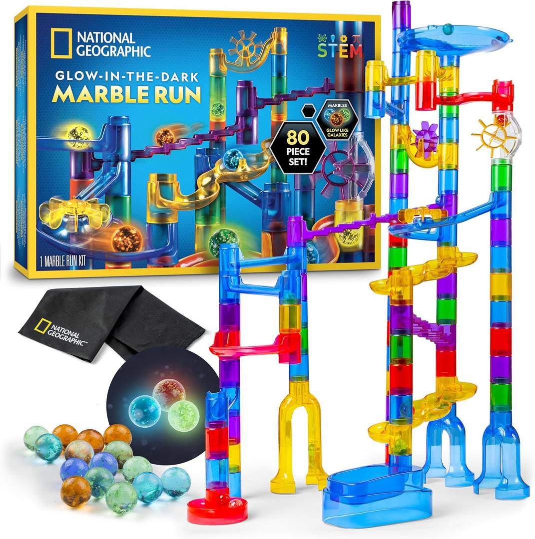 NATIONAL GEOGRAPHIC Glowing Marble Run Construction Set with 15 Glow in The Dark Glass Marbles & Storage Bag, STEM Gifts for Boys and Girls, Building Project Toy 