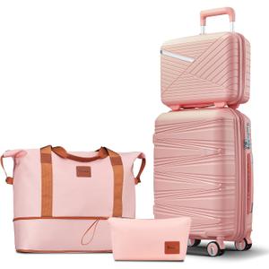 TRAVELEO 4 Piece Carry On Luggage Set 20 Inch, Expandable PP Hardshell Suitcase with Detachable Spinner Wheels & TSA Lock, Includes Cosmetic Case, Travel Tote & Toiletry Bag, Lightweight (Pink)