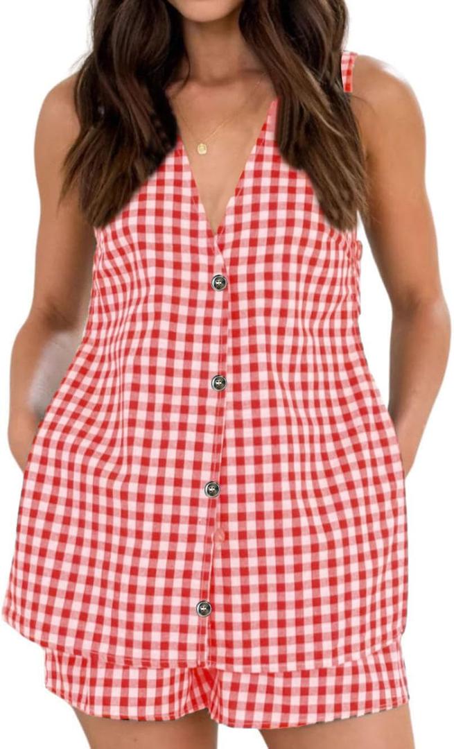 codcm Women's 2 Piece Summer Outfits Gingham Vest and Shorts Matching Set, Medium