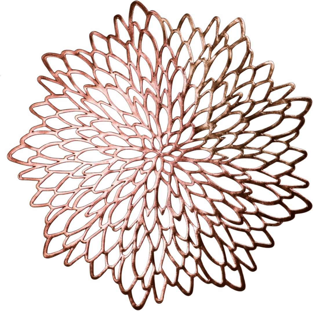 Snowkingdom 6 Pack Rose Gold Placemats Metallic Pressed Vinyl for Mother's Day Table Decoration Dinning Mats Round Floral Charger Plates Bridal Shower Party Birthday Wedding Valentine Christmas