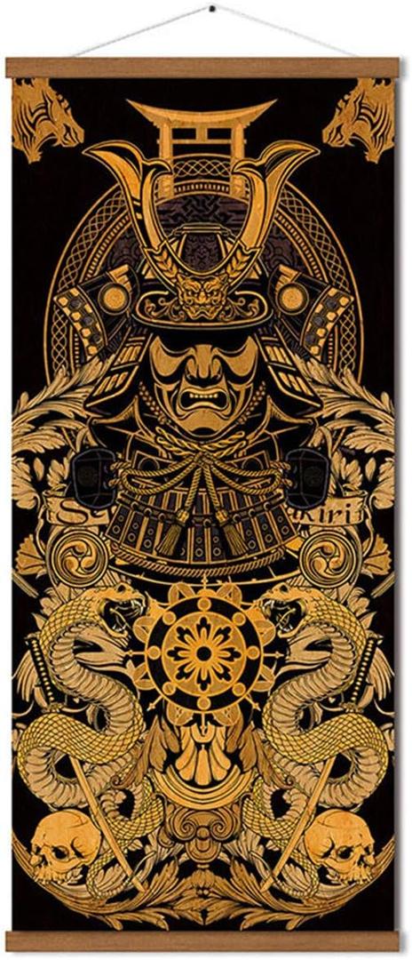 2 x Warriors Dreams Canvas Wall Art Print Poster Armored Helmet Samurai spirit with Scroll Wood Framed Ready to Hanger Home Karate Hall Sushi Restaurant Decor 16x35