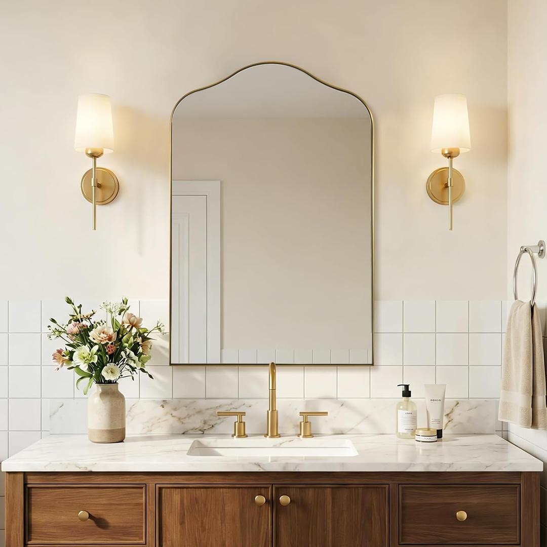 ANDY STAR Brass Scalloped Arched Wall Mirror, 26x38 Brushed Gold Irregular Bathroom Mirror with Curved Design for Vanity, Powder Room, Fireplace, Mantel, with Stainless Steel Metal Frame