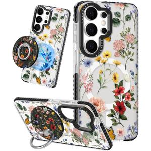 Lotadilo Cute Case for Samsung Galaxy S26 Ultra for Women Girls - Funny Retro Flower Design Compatible with Magsafe Magnetic Ring Holder Kickstand Fashion TPU Phone Covers