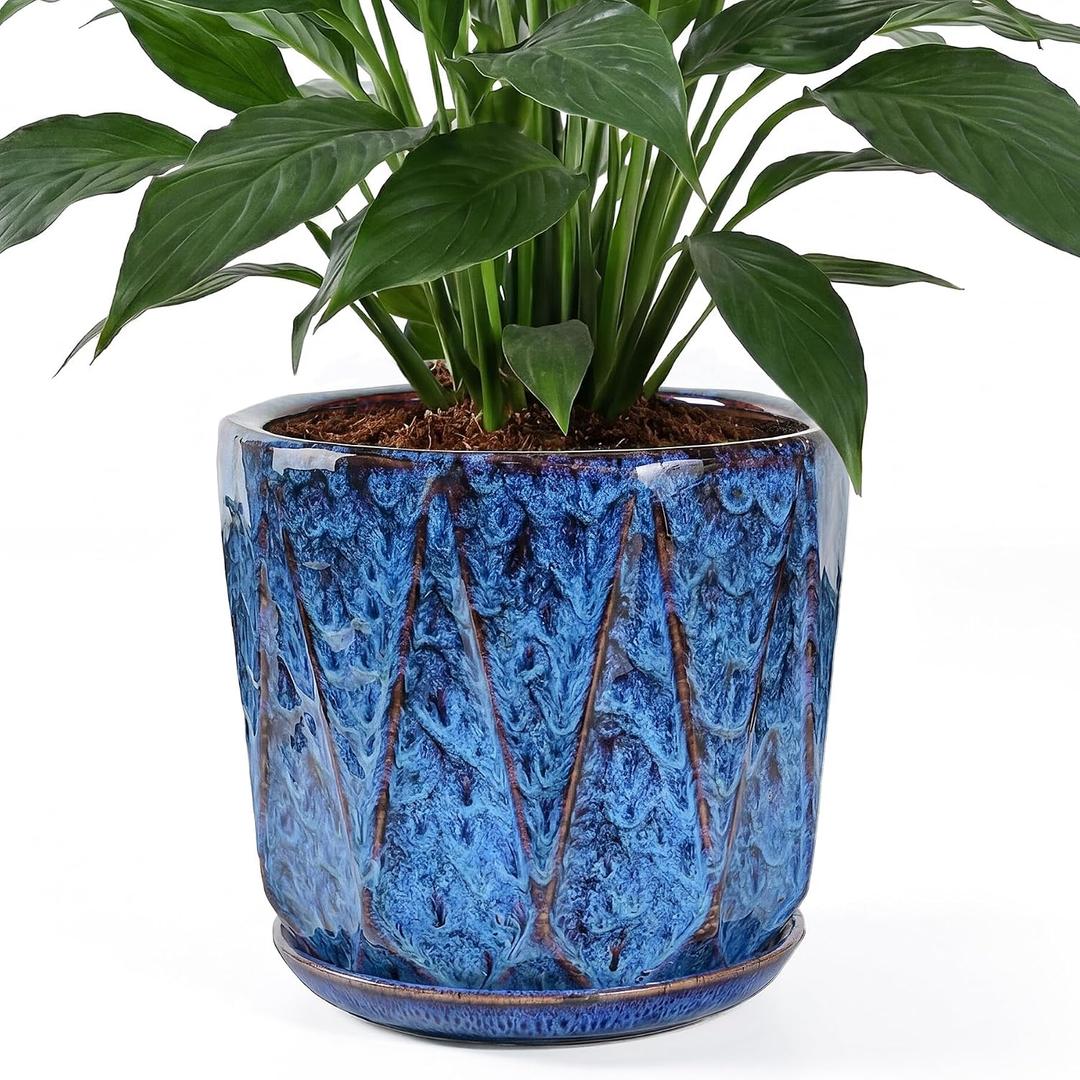 10 Inch Ceramic Plant Pot with Drainage Hole Mesh Net, Large Flower Pots for Indoor Plants with Saucer, Gardening Pots Outdoor, Blue