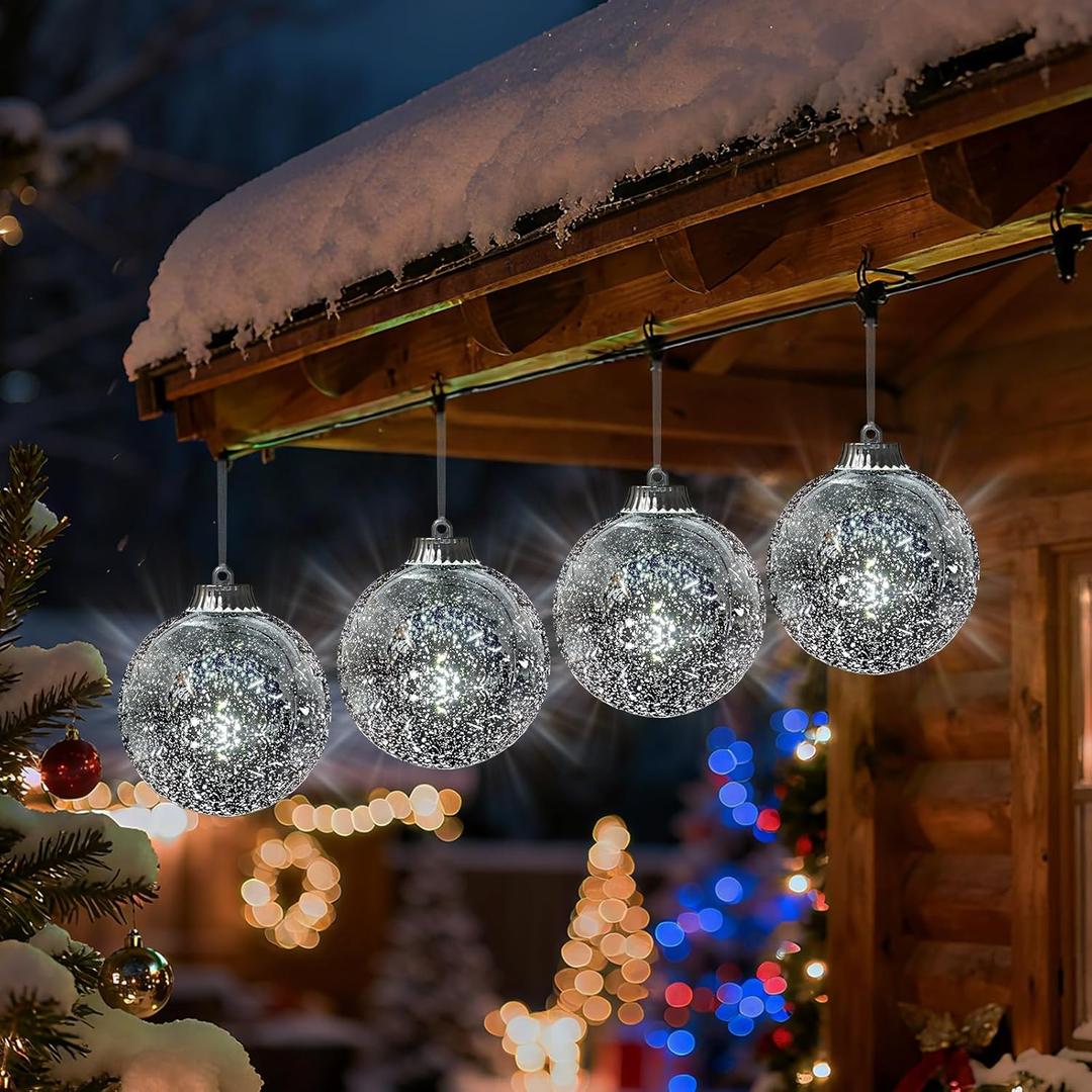 Lanpn 4 Pcs 6" Outdoor LED Ornament, Large Christmas Battery Powered Ball Lights, Xmas Tree Sphere Bulb Decor with Dark Sensor, Christmas Lighted Ornaments for Lawn Garden Yard Patio, Silver