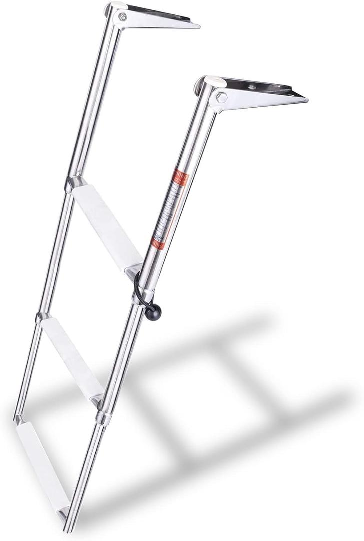 YOUNG MARINE 3 Steps Stainless Steel Drop Down Telescopic and Folding Boat Ladder with White Plastic Footboard,Over Platform Mounting