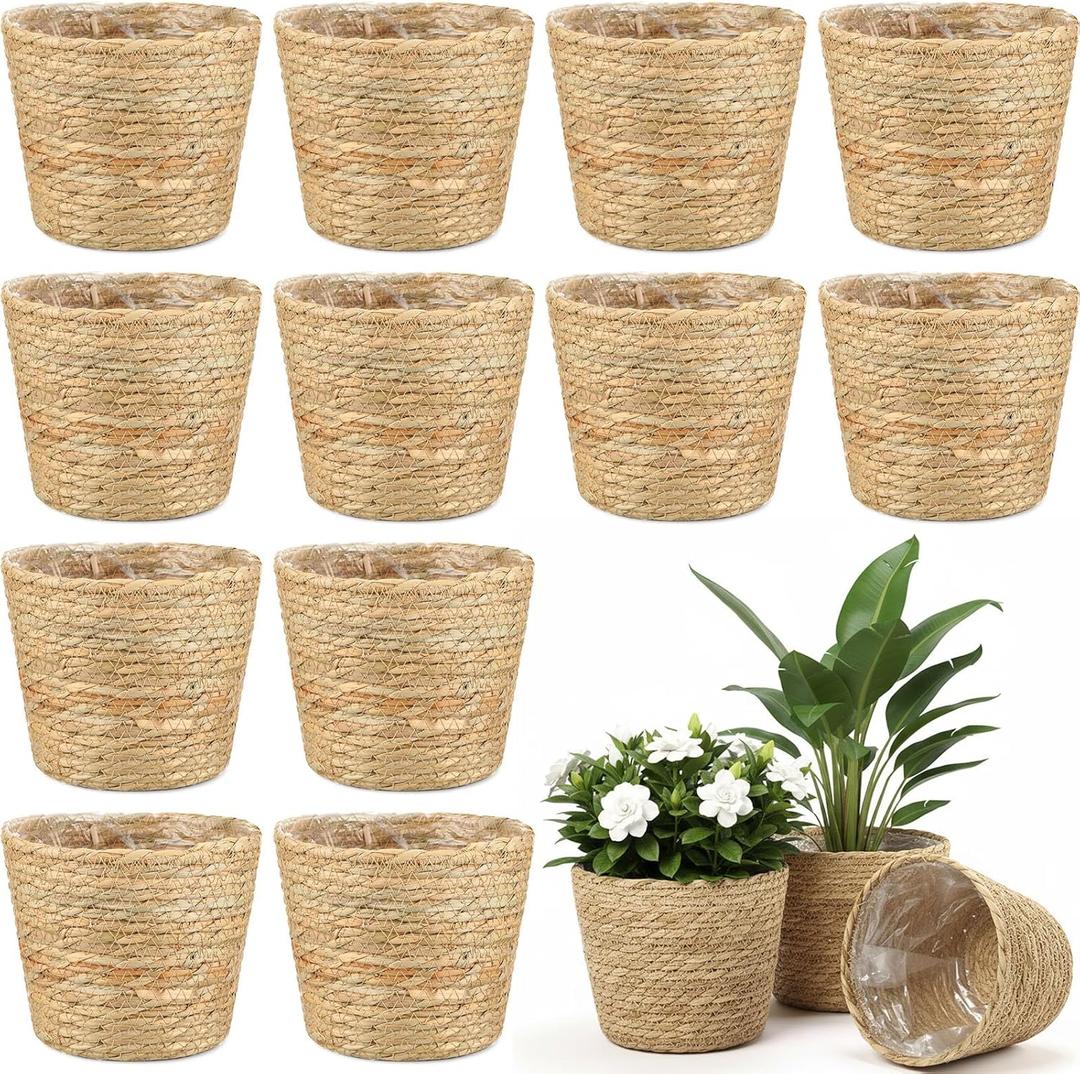 12 Pcs Seagrass Plant Basket with Plastic Liners Woven Stylish Planter Baskets Bulk Indoor Outdoor Plants Woven Wicker Baskets for Flower Pots Cover and Room Decor Small (Small, Rustic)