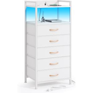 Furnulem White Nightstand with 5 Storage Drawer, Tall Dresser for Bedroom with Led Light and Charging Station, Side Table Nightstand for Closet, Fabric Bins, Metal Frame, Wood Shelf(White)
