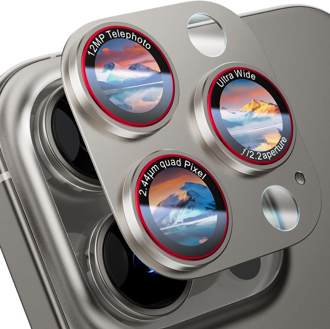 Camera Lens Protector for iPhone 16 Pro Max/iPhone 16 Pro/iPhone 15 Pro Max/iPhone 15 Pro/iPhone 14 Pro Max/14 Pro , [Military Grade Shatterproof][Full Coverage Metal] [Strong Adsorption] 9H Metal Tempered Glass Camera Screen Cover, [Case-Friendly], Natural Titanium