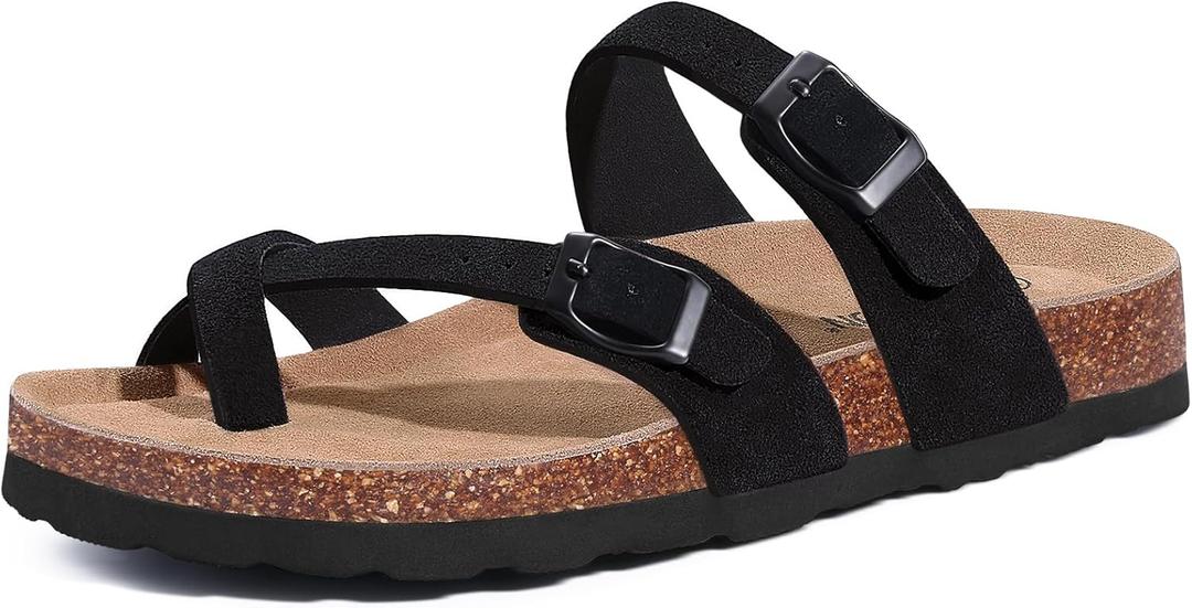 Litfun Women's Genuine Suede Cork Footbed Sandals Comfortable Summer Slides with Adjustable Buckle, Size 10