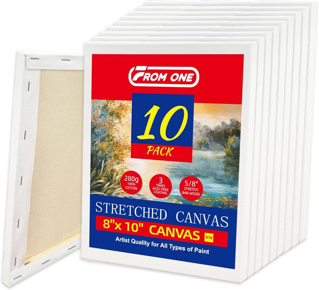 10-Pack 8x10 Stretched Canvas  100% Cotton with Cottonseed Husk, 5/8 Deep Wood Frame, Triple Primed Acid-Free White Canvas, Ideal for Acrylics, Oils, Gouache & Tempera (Beginners, Students)
