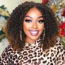 WIGER 15 inch Short Bob Lace Front Wigs Middle Part Wigs Curly T Part Wigs Ombre Afro Kinky Curly Wigs Synthetic Curly Wig For Black Women(1B/99J)  Ombre Brown