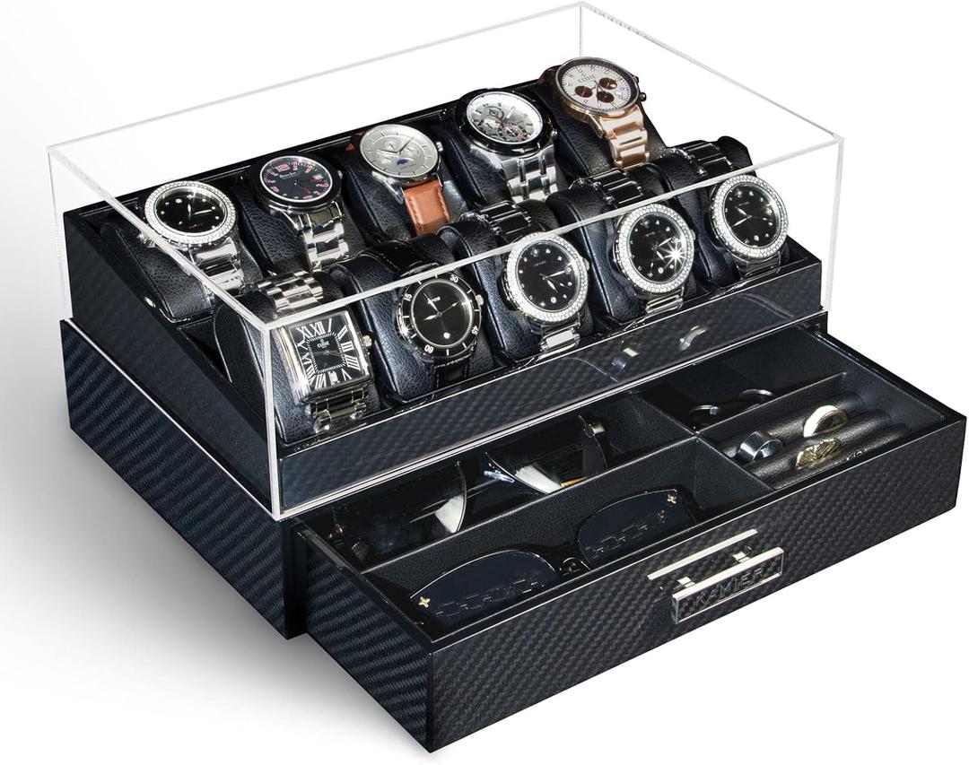 KAMIER Watch Box, 10 Slots Mens Watch Case with Glass Lid, Watch Display Case With Drawer, Removable Watch Pillows Watch Holder Organizer, Jewelry and Watch Storage for Men Women, Carbon Fiber