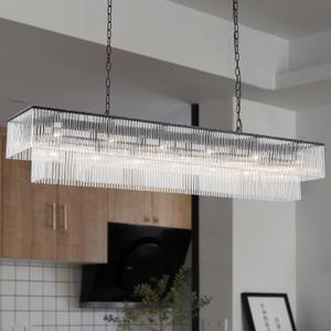 L59 Modern Black Rectangle Glass Chandelier for Dining Room Contemporary Glass Light Fixture Linear Kitchen Island Pendant Ceiling Light Oblong Raindrop Chandelier Lighting 21-Light