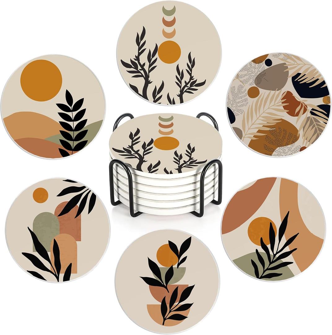 Drink Coasters Set of 6 with Holder, Abstract Boho Sun Leaves Absorbent Ceramic Coasters with Cork Base, Fit All Cups, Great Gift for House warming, Room Decor, Bar, Holiday Party