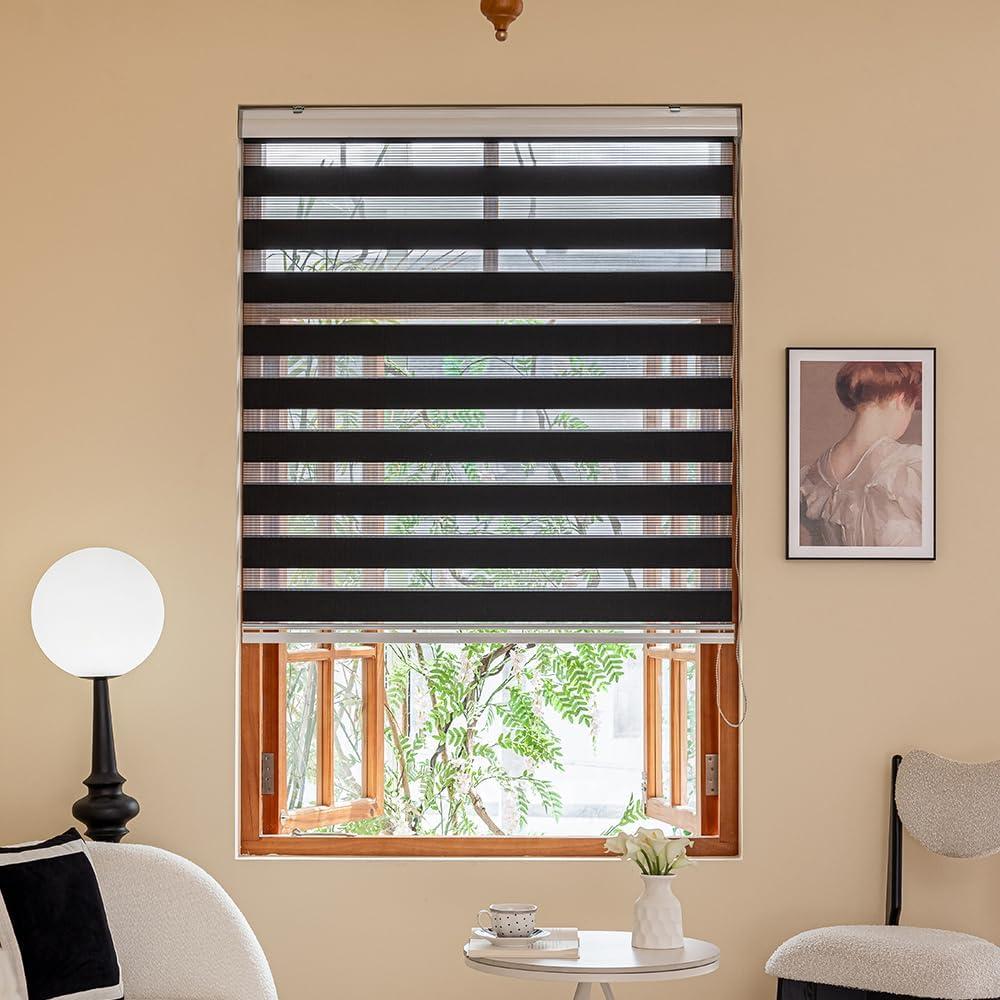 Zebra Blinds for Windows, 72" Hx 24" W Black Roller Light Filtering Control Semi Sheer Windows Shades, Dual Layer Fabric Manual Pull Cord Window Shutter for Home, Bedroom,Office