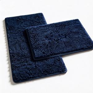 Non Slip Washable 2 Piece Extra Absorbent Shaggy Chenille Bathroom Rugs and Mats Sets, Soft & Dry Bath Rug/Mat Sets for Bathroom Washable Carpets Set Navy Blue Blue