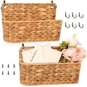 2 Pcs Woven Mail Holder Wall Mount Basket Rattan Wall Letter Holder Wicker Hanging Magazine Rack Water Hyacinth Magazine Basket 9.25x1.57 Inch Hanging Storage Basket with Hooks for Envelope Office