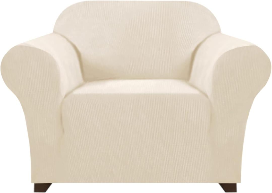 PrinceDeco Stretch Chair Cover Chair Slipcovers with Arms 1-Piece Chair Sofa Slipcovers or Living Room Non Slip Armchair Cover Furniture Protector Dogs Pet Friendly(Armchair, Biscotti Beige)
