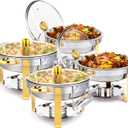 ROVSUN 5QT 4 Packs Chafing Dish Buffet Set Gold Accent, NSF Round Stainless Steel Buffet Warmer Chafers and Warmers Sets with Glass Lid & Lid Holder for Catering Events Parties Weddings Dinners