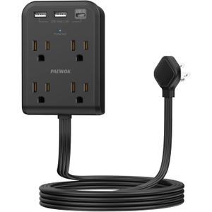 Flat Electrical Outlet Extender with USB C Ports, 4 Outlet 3 USB Wall Plug, 6 ft Ultra Thin Extension Cord, Flat Plug Power Strip Surge Protector for Home, Office. Black