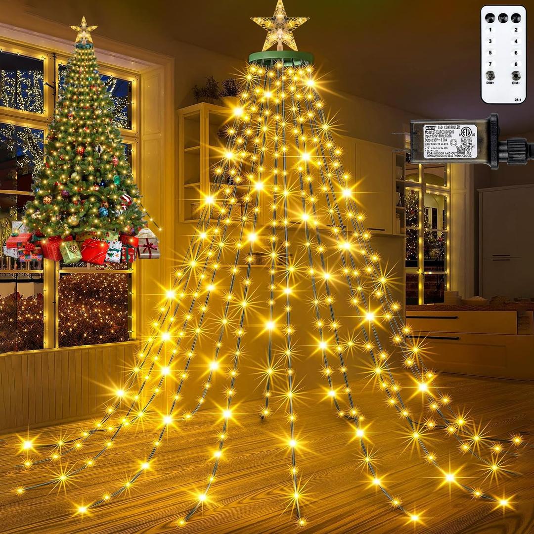Christmas Tree Lights with Star Topper, 400LED Christmas String Lights with Ring for Tree, 6.6FT x 16 Lines Fairy Lights with 8 Modes Timer Remote for Indoor Outdoor Xmas Tree Decor, Warm White