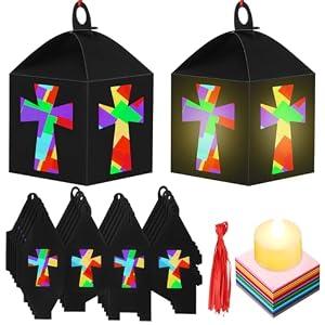 Simgoing 12 Sets Easter Crafts Religious Cross Crafts with LED Candle Light DIY Christian Cross Lantern Tissue Paper Kits Religious Hanging Ornament for Church Sunday School VBS Activities