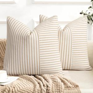 YCOLL Farmhouse Pillow Covers 18x18, Modern Accent Square Throw Pillow Covers Set of 2, Khaki and Beige Striped Patchwork Linen Decorative Pillows Cushion Covers for Couch Chair Bedroom Home Decor