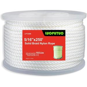 5/16 Inch 250ft White Nylon Solid Braid Rope | High UV & Abrasion Resistance | Industrial Grade, Low Stretch | Multipurpose for Flag Poles, Clotheslines