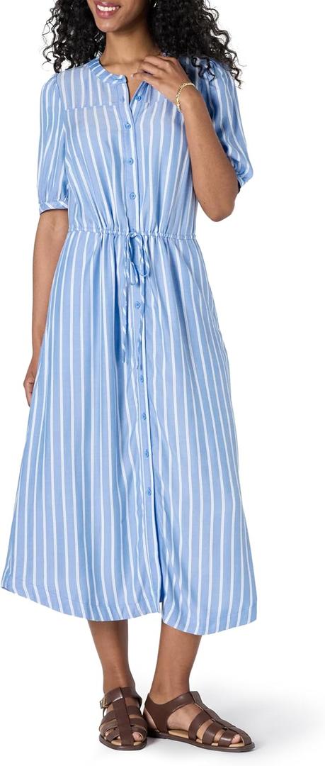 Amazon Essentials Women's Fit and Flare Half-Sleeve Waisted Midi A-Line Dress with Pockets (Blue White French Stripe), Large