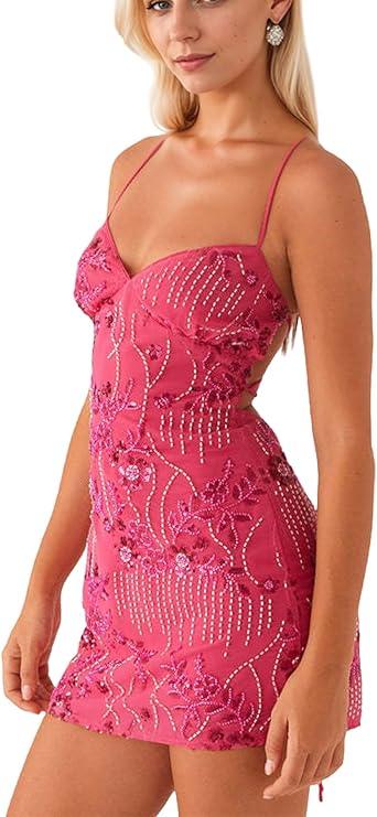 Women Sequin Sparkly Rhinestone Mini Dress Sleeveless Backless Deep V Neck Glitter Short Cami Dress Party Clubwear (Medium, Hot Pink)