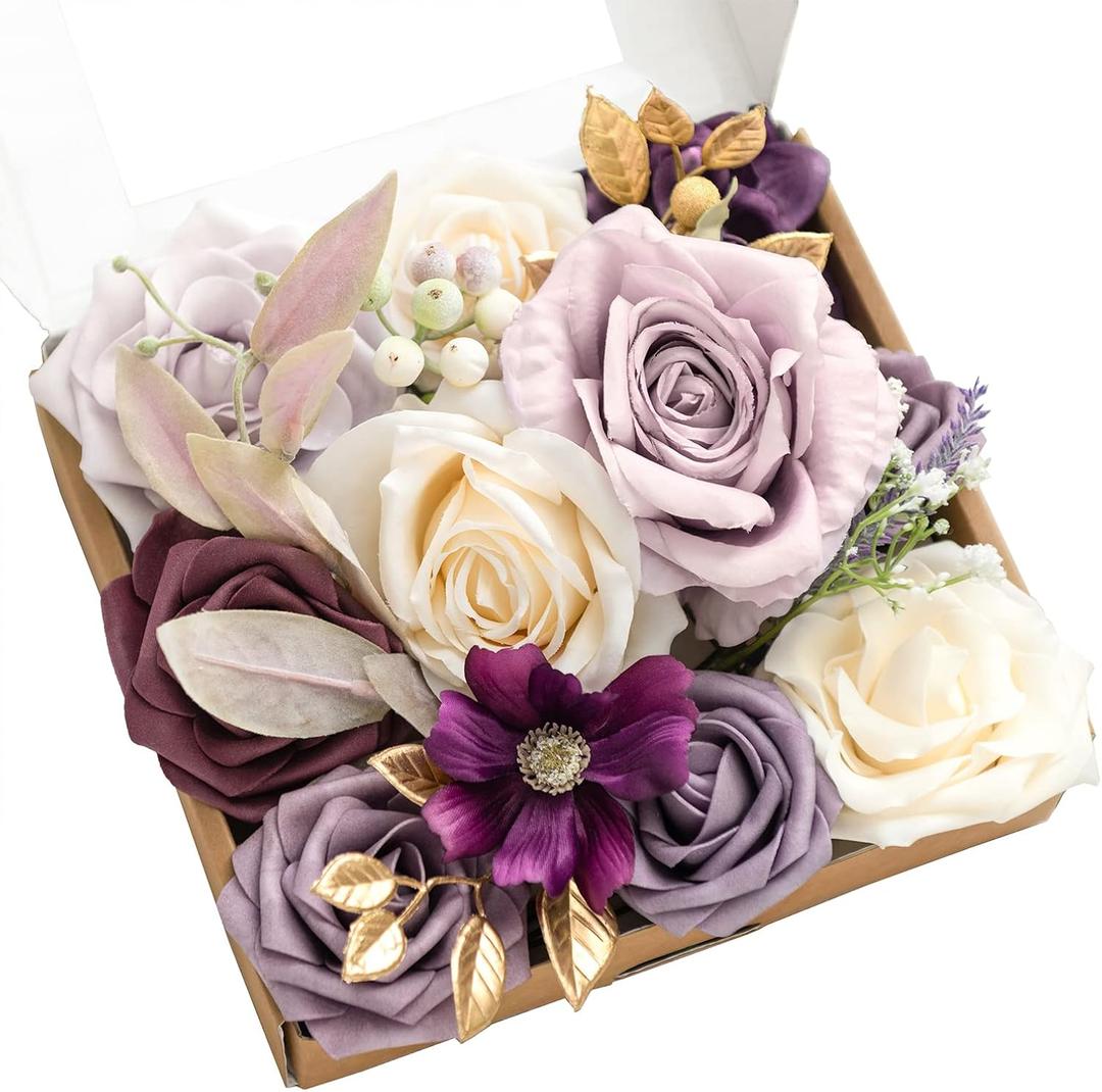 Ling's moment Artificial Flowers and Greenery Combo Box for DIY Lilac & Cream Wedding Bouquet Centerpieces Floral Arrangement Decor (Mini)