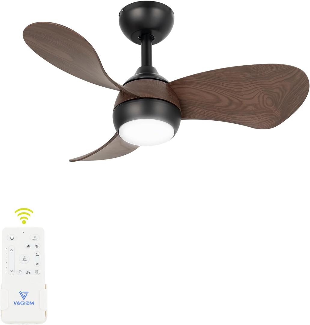 Ceiling Fan with Light for Bedroom: 30 Inch Small Quiet Ceiling Fan with Remote Control - 6 Speeds and 3CCT - DC Motor Reversible - Indoor Outdoor Use - 3 Blades Walnut