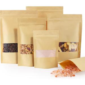 FireKylin 100 Pcs Brown Paper Bags with Window, 3.9" x 5.9" Stand Up Pouches, Zipper Food Storage Bags for Packaging Products, Reusable, Sealable