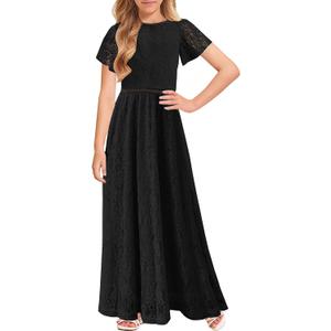 HOSIKA Flower Girls Dress Floral Lace Elegant Dresses for Wedding Party | Vintage, Fully Lined, Crew Neck, Sheer Lace Sleeve, Hollow-Out Waist, A-Line, Back Zipper, Full Length, Long Dress, For 6-13Y