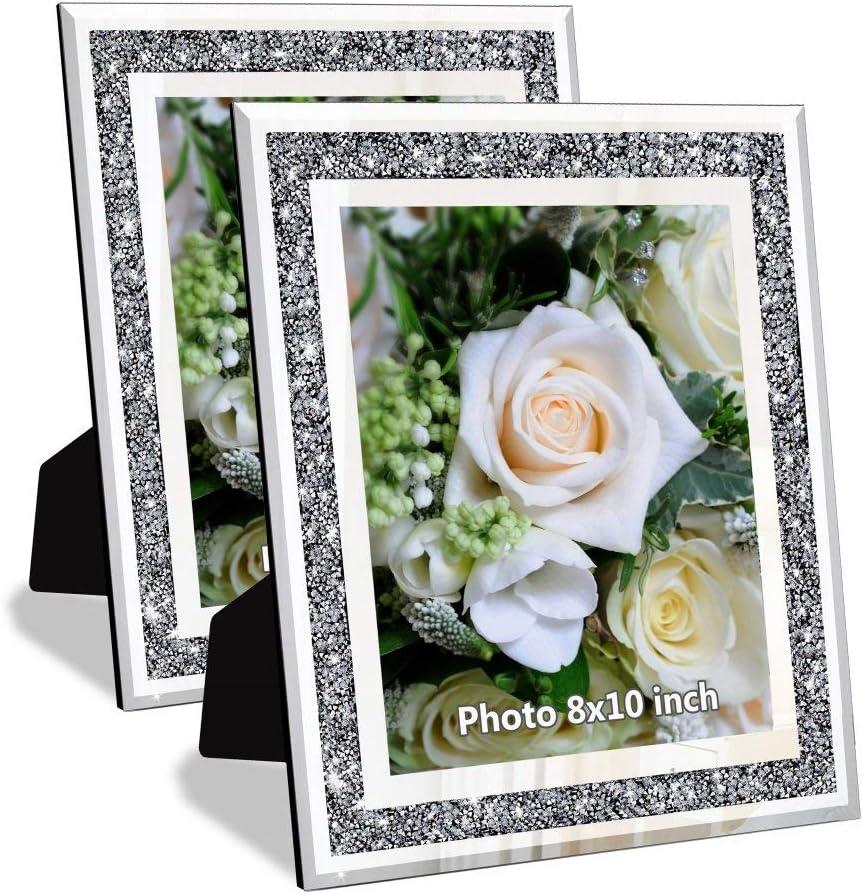 Crushed Diamond Wedding Mirror Photo Frame, Crystal Silver Glass Picture Frame For Photograph Size 8x10 inch, Pack of 2 Pieces, table top Stand frame & Wall Frame. Bling Sparkle Crushed Diamond Home