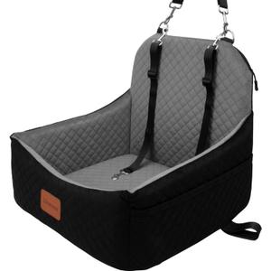 S1 Car Dog Seat with 2 Safety Leashes, Booster Seat for Small Dogs 0-28lbs, Pet Travel Safety Bed with Storage Pockets, Fully Detachable and Easy to Install (Black Outside, Grey Inside)