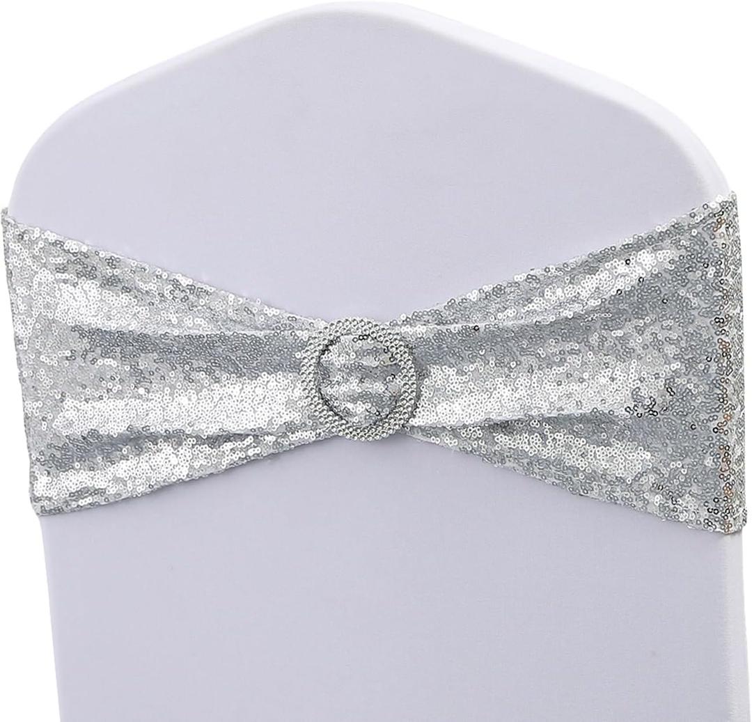 100 Pack All Around Sequin Silver Chair Sashes Bows for Wedding Celebration Decor JKDMJF Sequins Chair Bands with Buckles for Party Baby Shower Chair Decorations, Glitter Silver Chair Sash