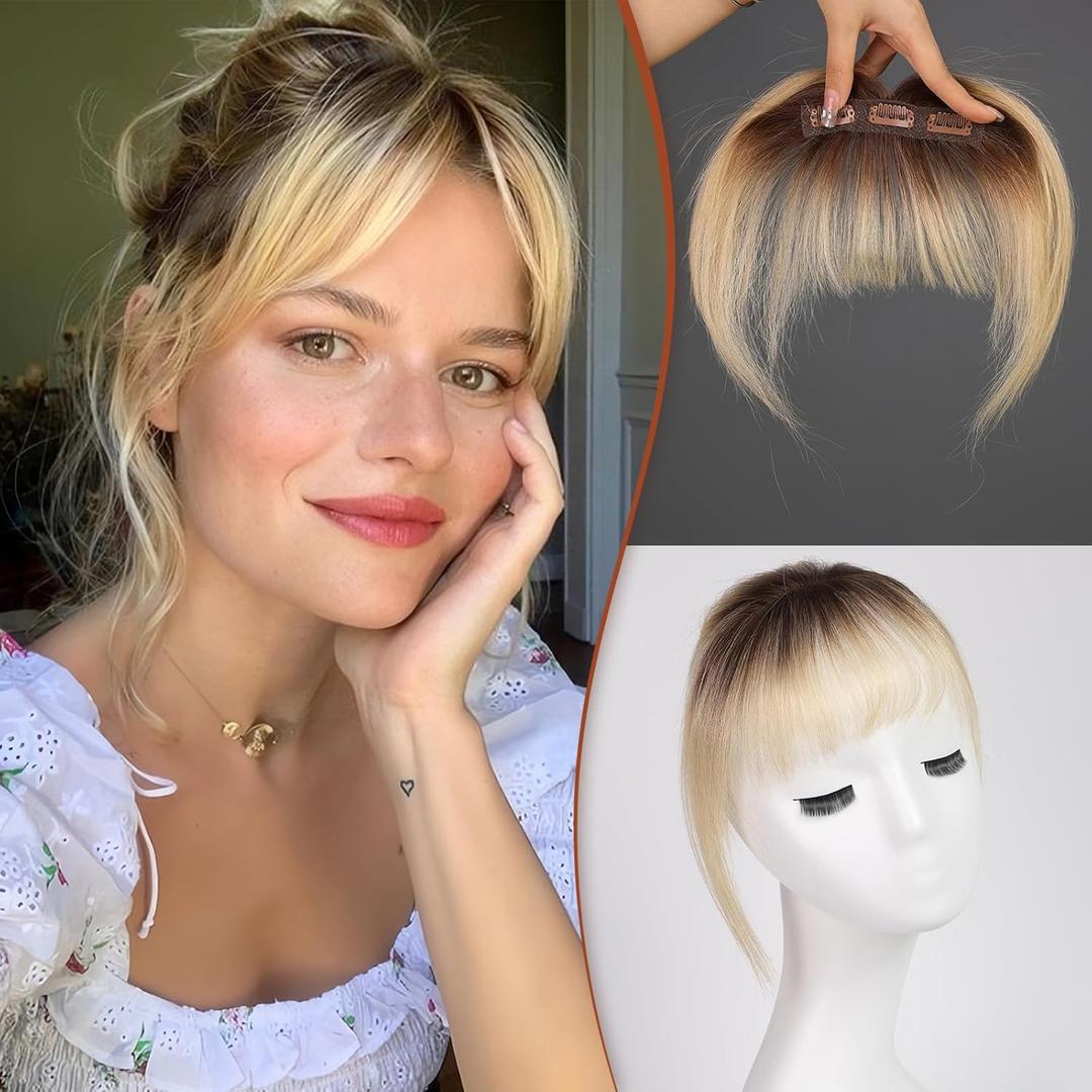 HAIRCUBE Bangs Hair Clip in Bangs 100% Real Human Hair Bangs Clip in Hair Extensions Fake Bangs Air Bangs Hairpieces for woman with Temples 3 Secure Clips in Full Fringe (Ombre Light Blonde)