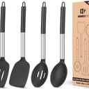 Pack of 4 Silicone Cooking Utensils Set, Non Stick Large Solid Spatulas, Heat Resistant Stainless Steel Black Slotted Spoons, Ideal BPA Free Kitchen Turners for Frying, Mixing,Serving,Draining,Turning