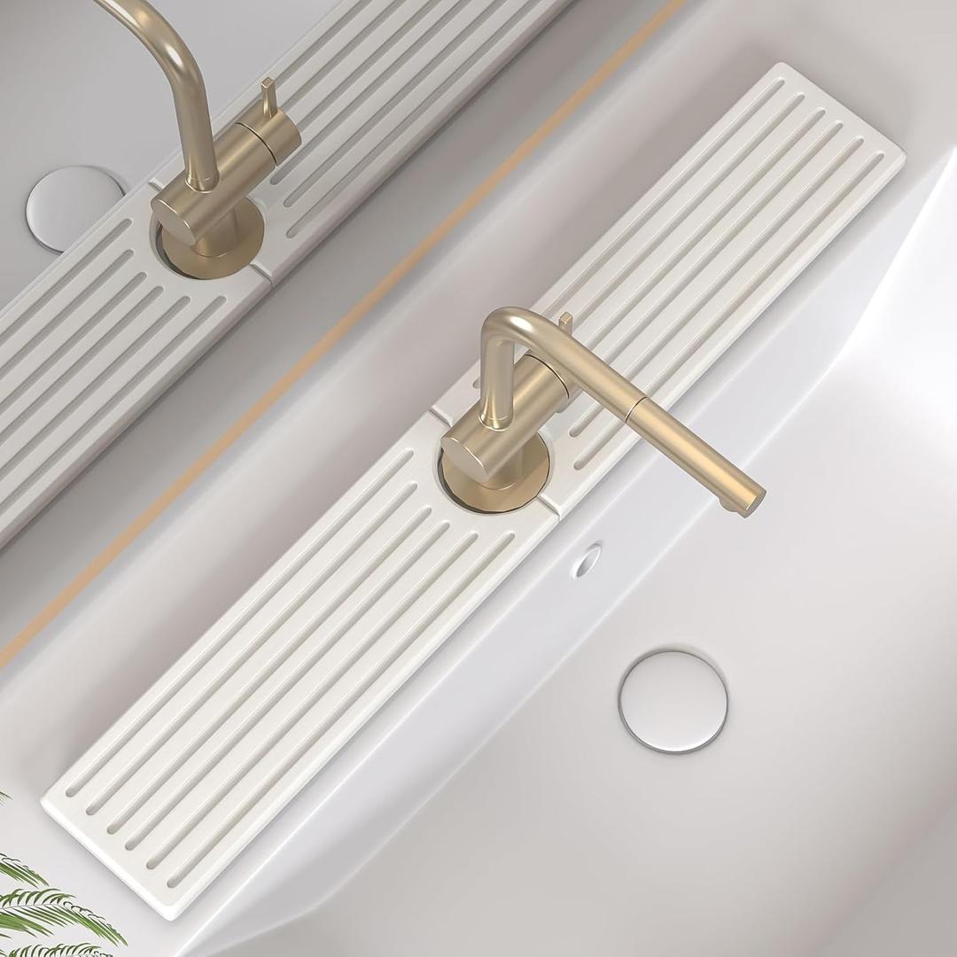 Kitchen Faucet Mat, Diatomite Sink Faucet Mat Splash Guard for Kitchen, Water Absorbing Stone Tray for Sink, Quick Drying Faucet Mat for Kitchen Sink, Absorbent Stone Drying Tray for Bathroom Counter (23.7" x 4", White Gray Style 1)