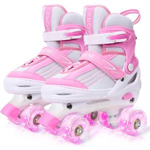 Roller Skates for Kids Boys Girls Toddler Ages 3-12, Adjustable 4 Sizes for Kids and Youth Teen with Light Up Wheels, Quad Red Roller Skates for Sports (Pink)