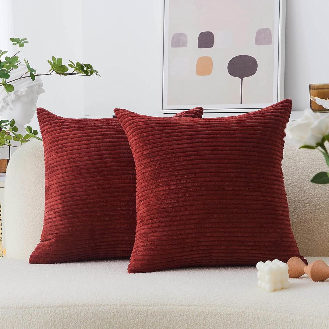 Home Brilliant Red Pillow Covers for Bed Decorative Throw Pillows for Valentines Couch Bed Set of 2 Striped Velvet Indoor Pillow Covers, 55x55cm, 22 x 22 Inch, Burgundy