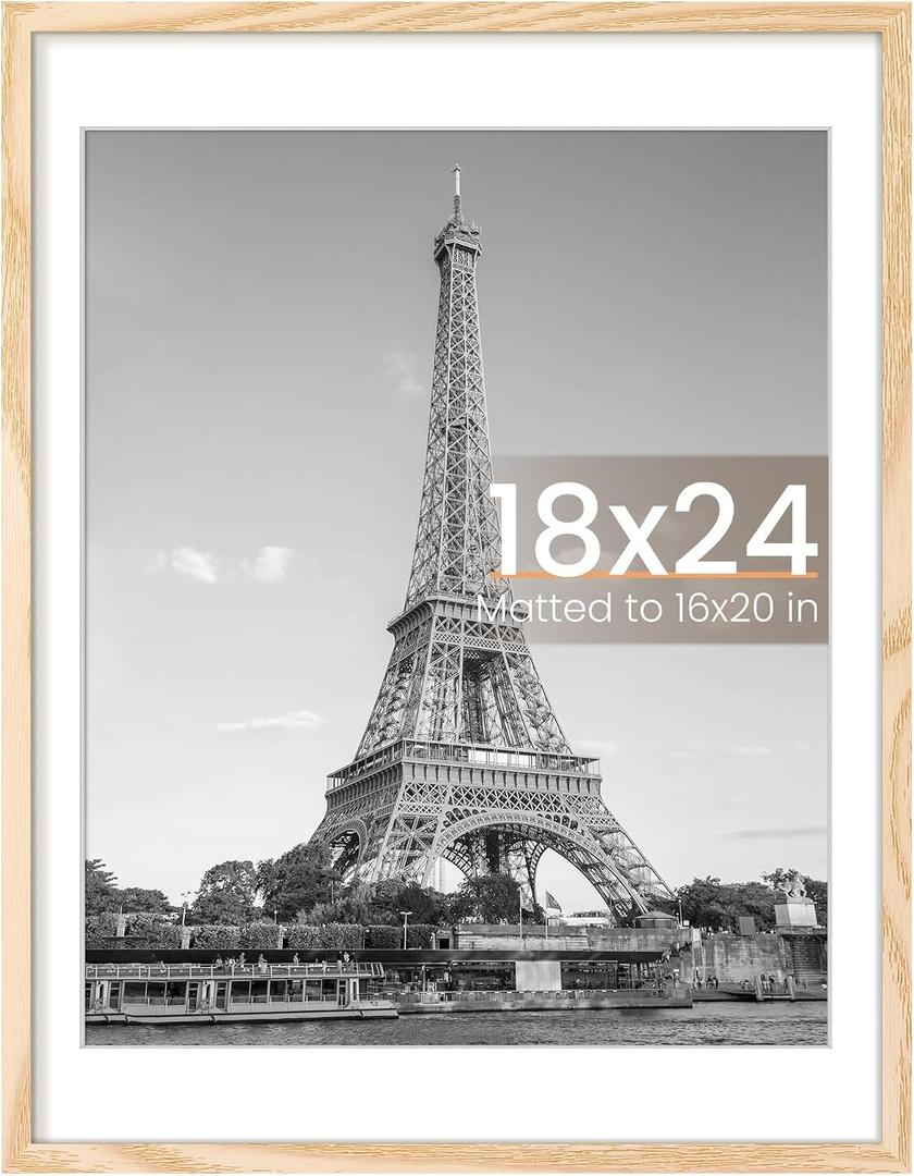 Upsimples 18x24 Picture Frame, Display Pictures 16x20 with Mat or 18 x 24 Without, Wall Hanging Poster Frames, Natural, 1 Pack