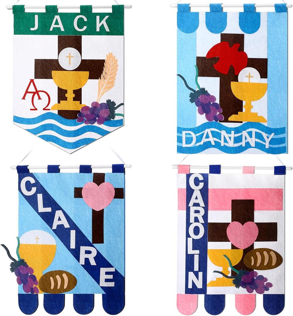 Funtery 4 Sets First Communion Banner Kits 12 x 18 Inches Holy Felt Communion Banner Gifts DIY Catholic Church and Sunday School Crafts Kit Christian Church Decoration