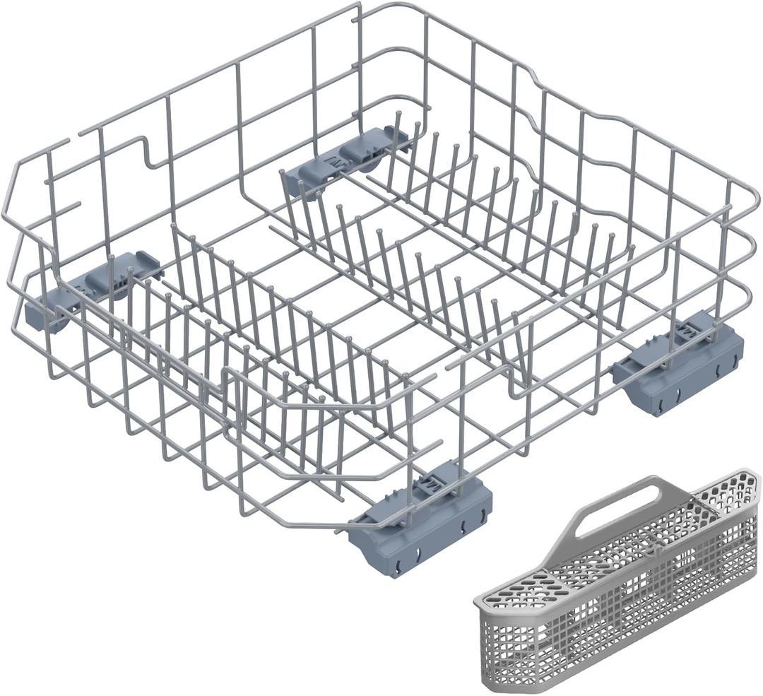 UPGRADED WD28X26099 Dishwasher Lower Dishrack Assembly Compatible with GE Dishwasher Rack Replacement Parts and WD28X10128 Dishwasher Silverware Basket,WD28X26099 for GE Dishwasher Lower Rack Parts